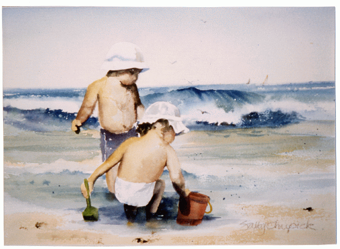 Watercolour of two young children playing in the sand beside the sea.
