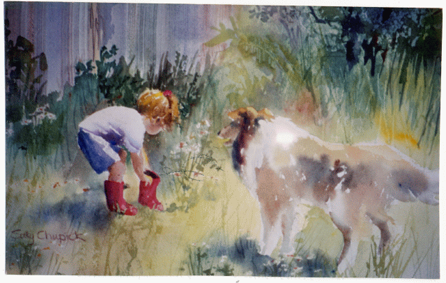 Watercolour of boy beside a collie.