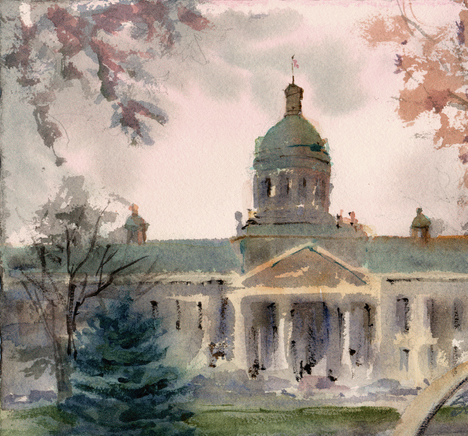 Watercolour of Kingston, Ontario's city hall.