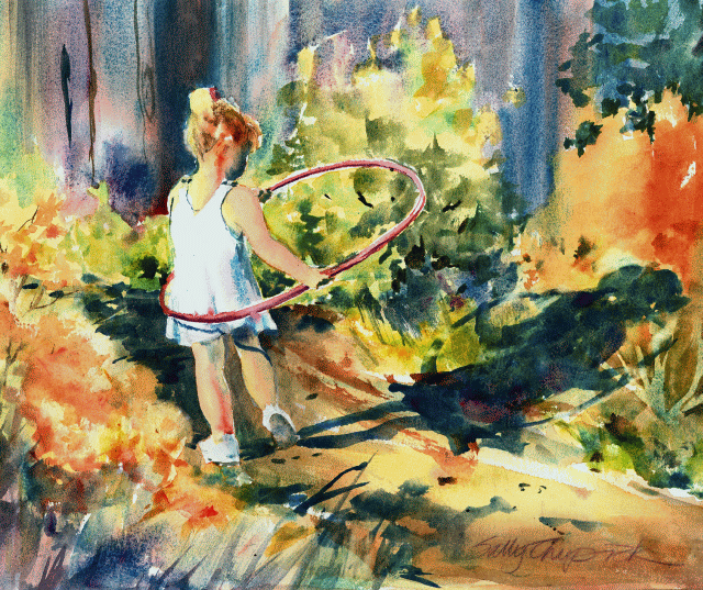 Art in watercolor shows young girl playing with hula hoop.