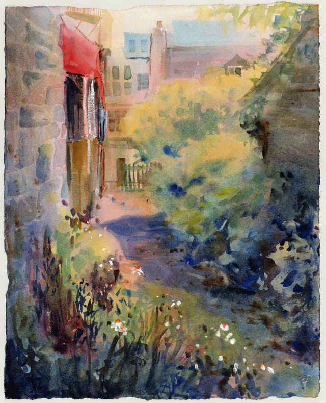 Alleyway with old buildings in watercolors.