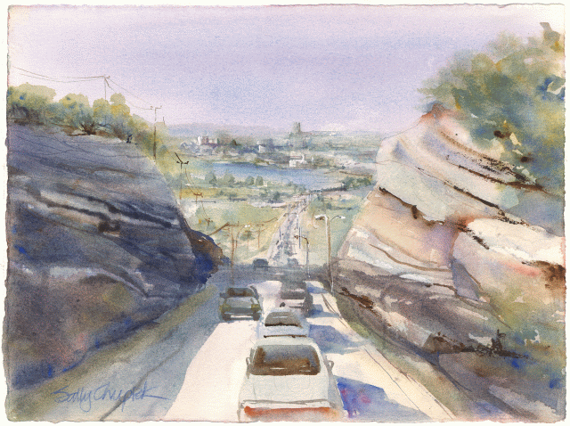 Cars drive downhill through a rock cut to enter Kingston, Ontario in this watercolour painting by Sally Chupick.