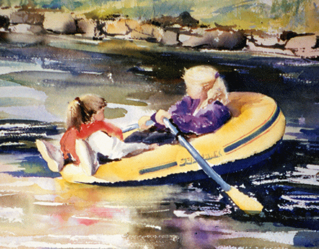 Two children float on a rubber raft. Watercolor art by Sally Chupick.
