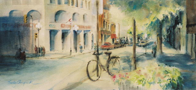 Watercolour artwork showing a view up Princess Street in Kingston, Ontario, Canada.