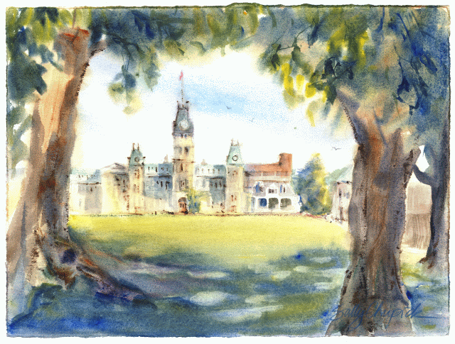 Watercolour painting of the Royal Military College in Kingston, Ontario, by Sally Chupick.